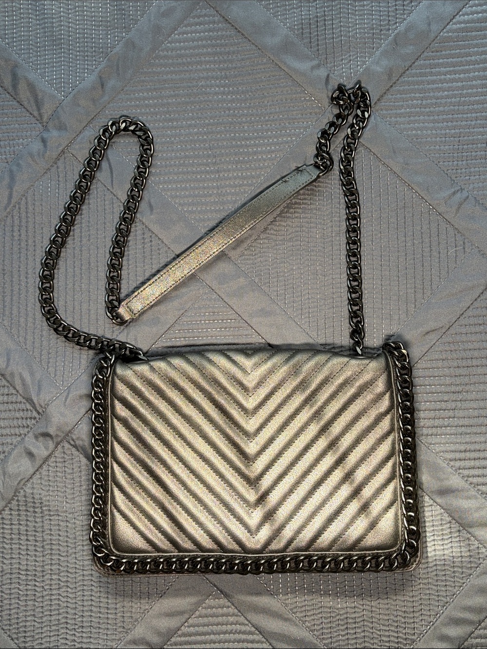 ALDO Metallic Gunmetal Quilted Chain Shoulder Crossbody Flap Bag Chevron Purse
